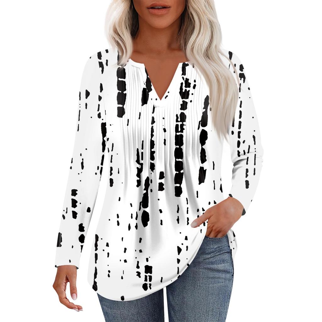 Dámská móda Ležérní Plisované Tričko s V výstřihem a Dlouhým Rukávem Elegantní Top