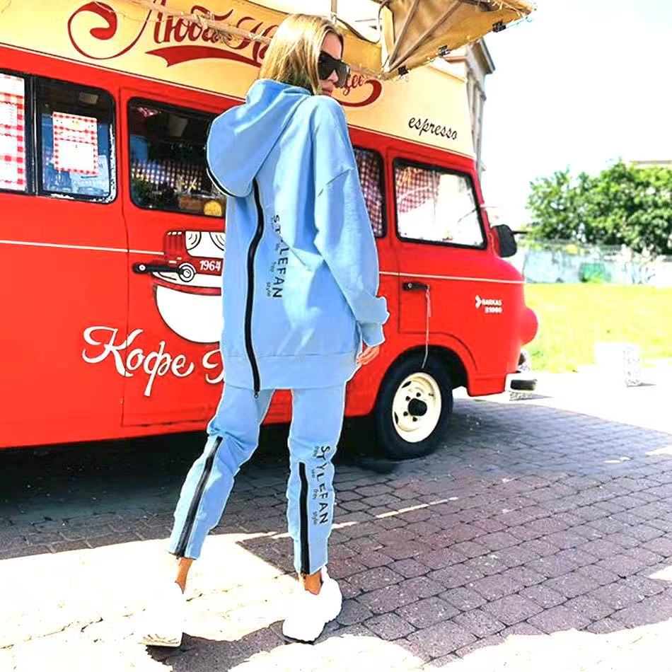 Unisex Letter Print Tracksuit, Long Zip Up Sweatshirt and Pants Set, Women Casual Loose Two Piece Outfit
