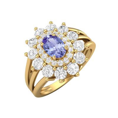 6x4MM Ovaler Tansanit Edelstein 925 Sterling Silber Gold Plated Halo Split Shank Ring