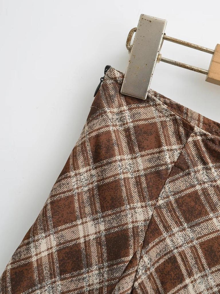 Triangle Panel High-Waisted Plaid A-Line Skirt - Women's Autumn/Winter Retro Style