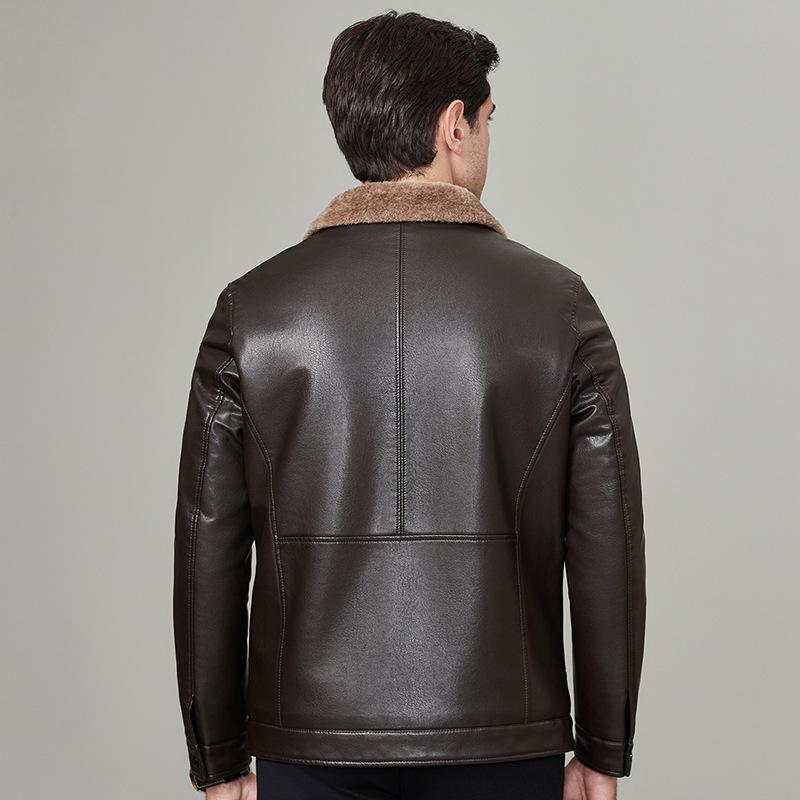 Genuine Leather Jacket for Men In Winter Sheepskin Fur One-piece Velvet Thickened Middle-aged Dad Jacket