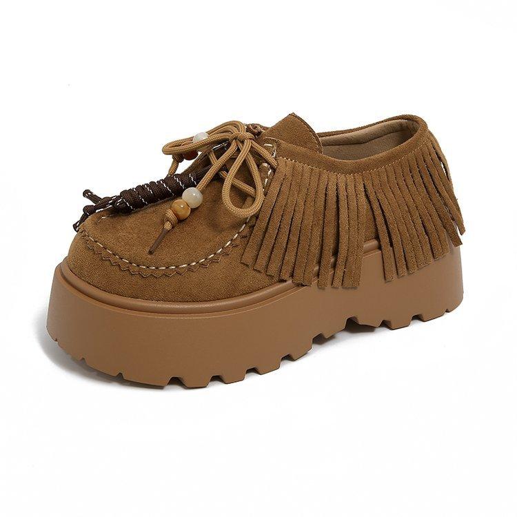 European 2025 new matte leather thick-soled heightening muffin tassel lace casual women's loafers small single shoes