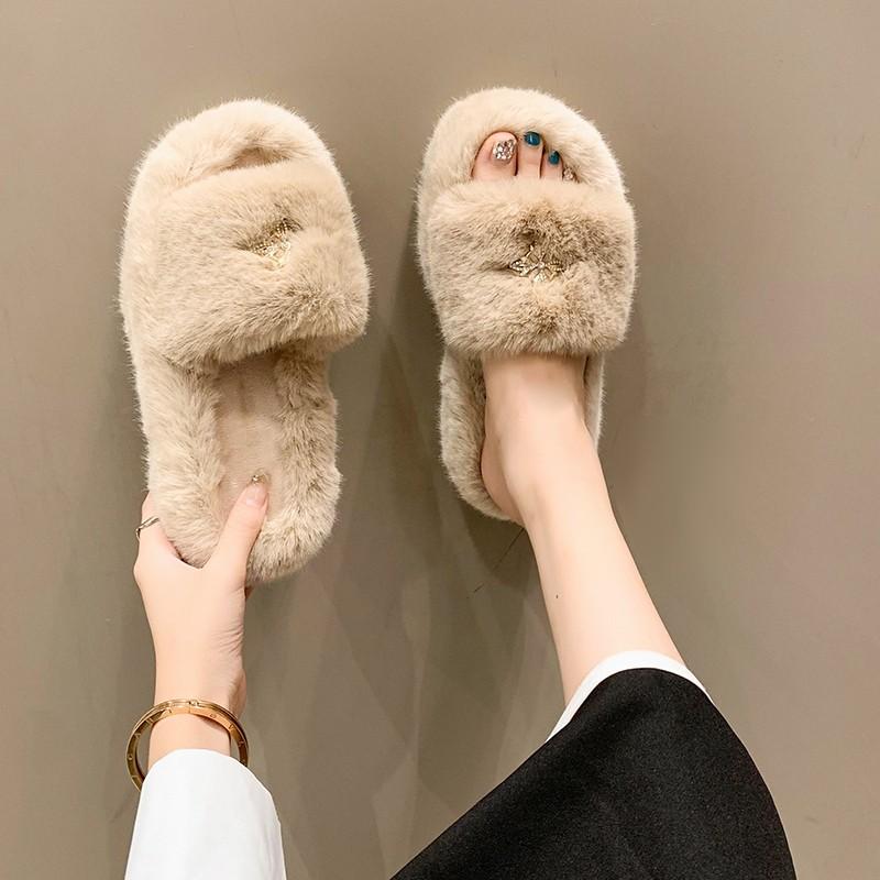 Fashion Platform Flat Plush Slippers for Women 2025 Autumn and Winter New Korean Version Flat Bottom Thermal