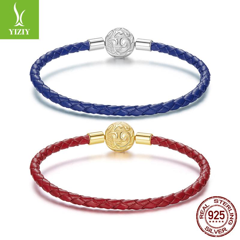 S925 Sterling Silver Roll Grass Pattern Button Head Basic Leather Rope Hand Rope, Retro Classic Leather Diy Bracelet