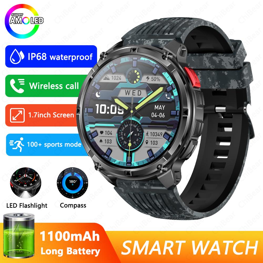 

New Outdoor Sports Watch Men 1100mAh Ultra-Long Battery Life IP68 Waterproof Compass 1.7-inch Bluetooth Call Smartwatch Man камуфляжный