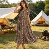 Damen Boho Batik-Print Kurzarm V-Ausschnitt Locker geschnittenes Kleid für den Sommer Freizeitkleidung
