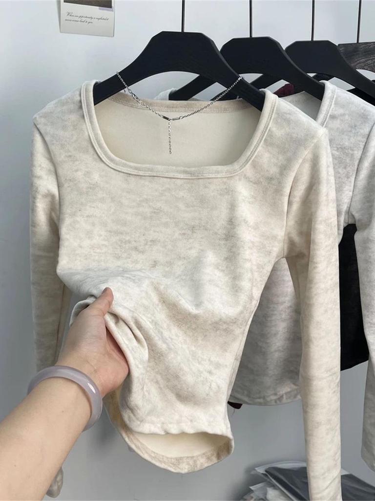 Women's French Square Neck Tie-Dye Thermal Slim-Fit Long Sleeve Top - Autumn/Winter New Arrival
