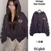 The Pink Loose Fit Vintage Lettering Star Printing Hoodie Zip