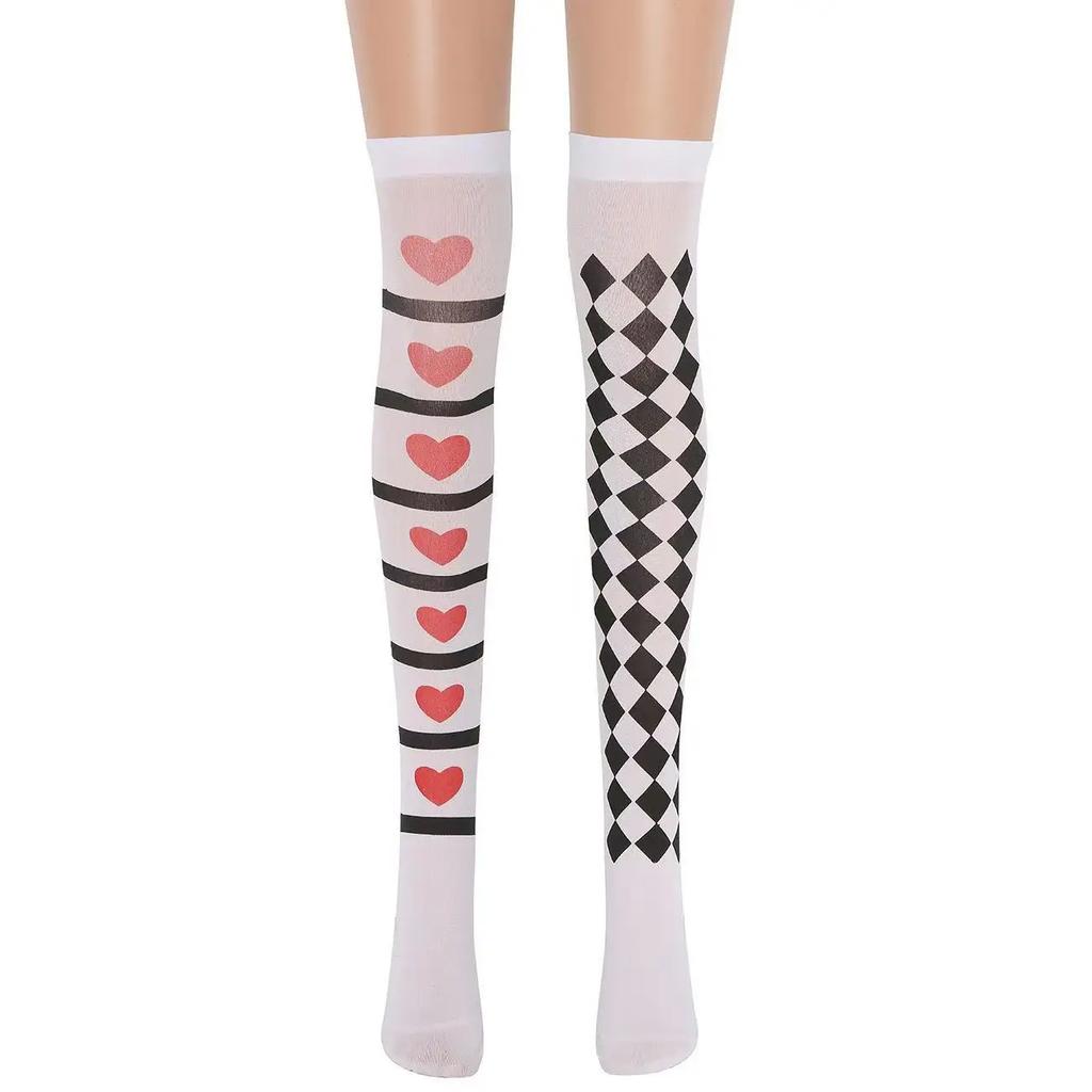 Clown Asymmetrical Striped Printed Over Knee Long Sock Halloween Thigh Highs Stockings Cosplay Costume Tights for Women
