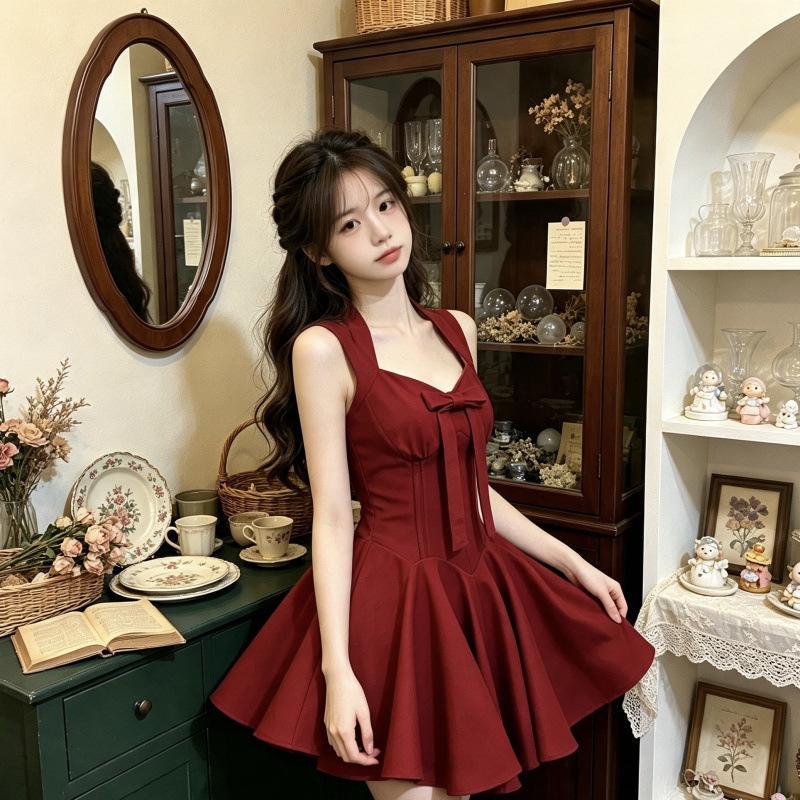 Rose French Life Four-meter Skirt Bow Sleeveless Waist Dress Skinny Slightly Red Dress
