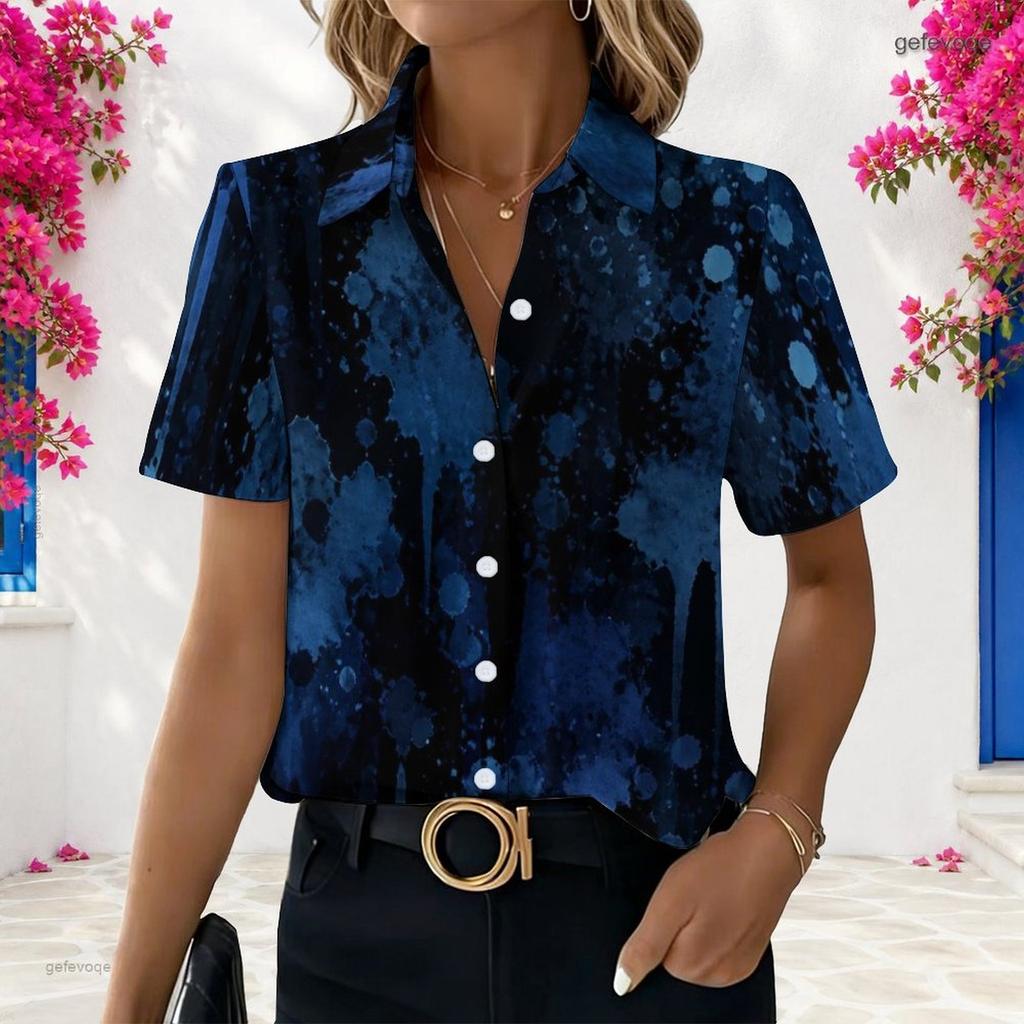 Women Plus Size Short Sleeve White Button Shirt Abstract Watercolor Ink Print Casual Lapel Loose Blouse For Summer Daily Wear