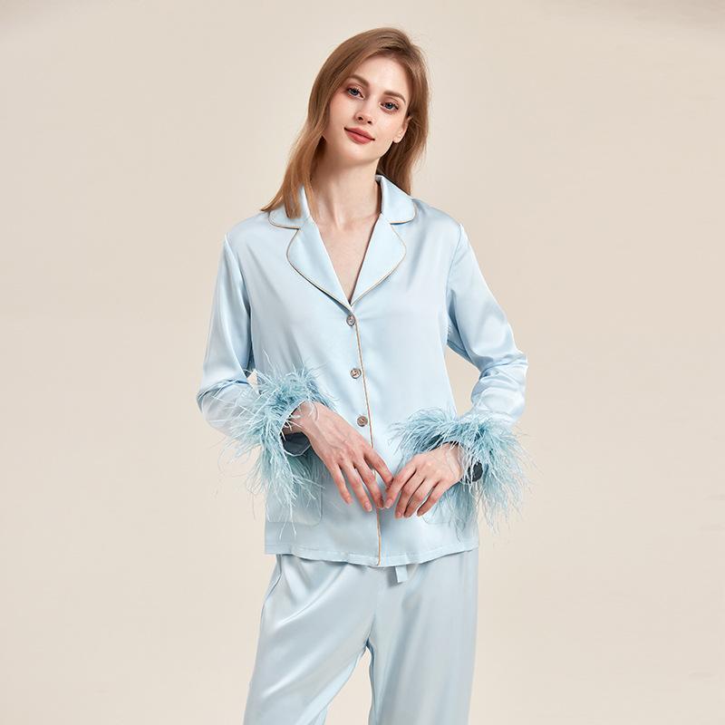 Feather Satin Women's Pajamas Set, High-end Shirt, Cardigan, Trousers, Home Wear, Casual Loose Pajamas, Home Wear