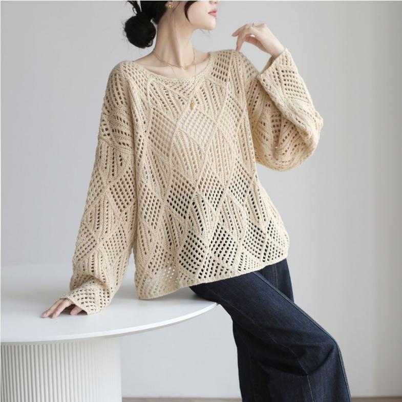 French Gentle Style Hollow Long-sleeved Sweater Women's Winter Lazy Style Loose Thick Sweater Trend