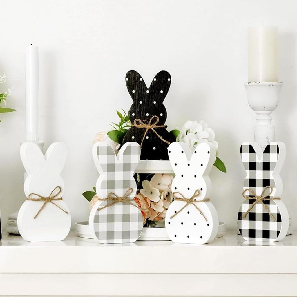 Easter Decorations - 5 Pcs Bunny Wooden Decor Signs Desktop Centerpiece Tiered Tray Ornaments Spring Cute Rabbits for Home Farmhouse Office