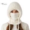 Women Winter Hat with Integrated Scarf Cold-proof Front Cover Thick Knitted Warm Solid Color Full Protection Outdoor Cycling Travel Cold Weather Cap