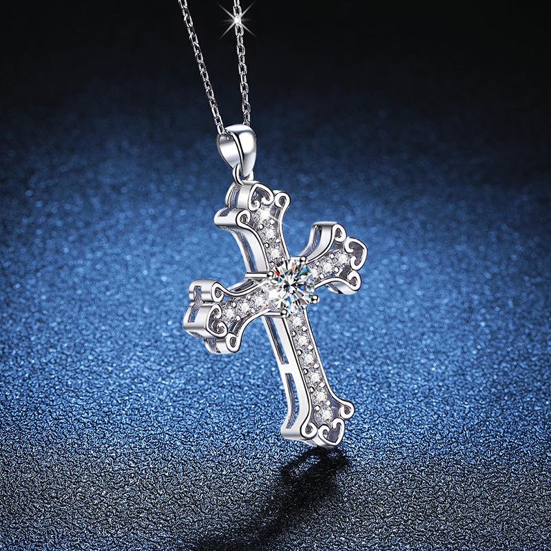 Women's PT950 Platinum Necklace - 1 Carat Moissanite Cross Pendant, Stylish & High-End Vibe, Elegant Statement Jewelry
