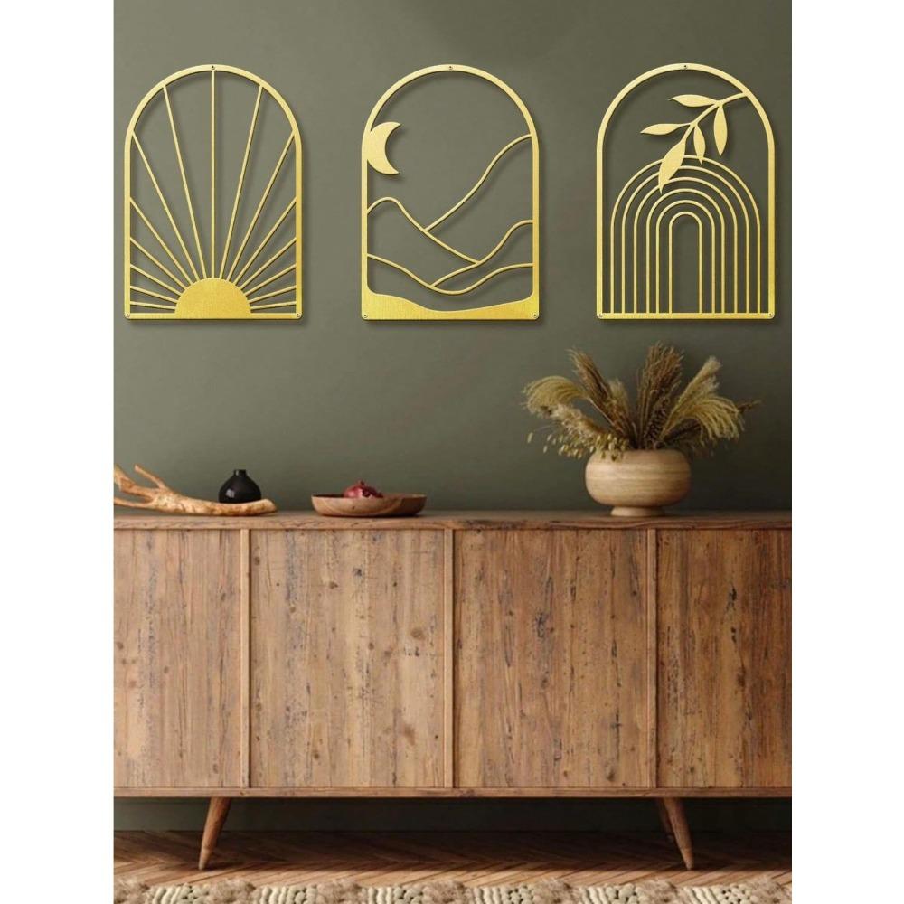Gold Iron 3Pcs Bohemian Metal Leaves Wall Art, Minimalist Line Design Modern Decor for Bedroom Living Bathroom, Gift