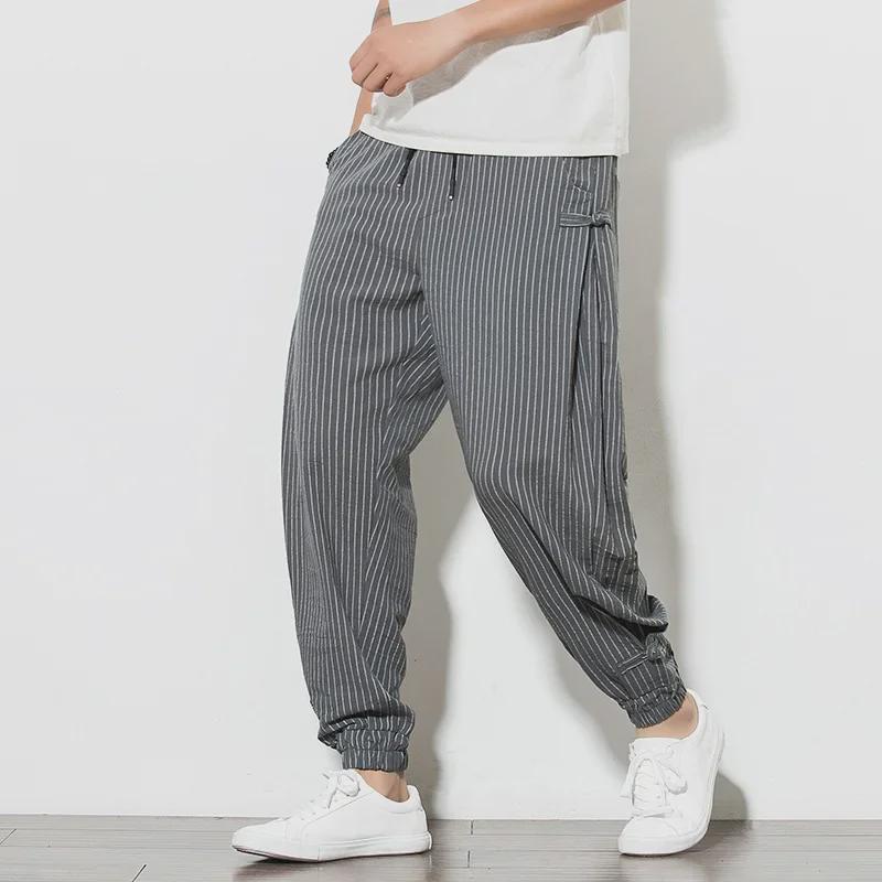 2023 Summer Men's Breathable Cotton-Linen Chinese Style Harem Pants with Frog Button
