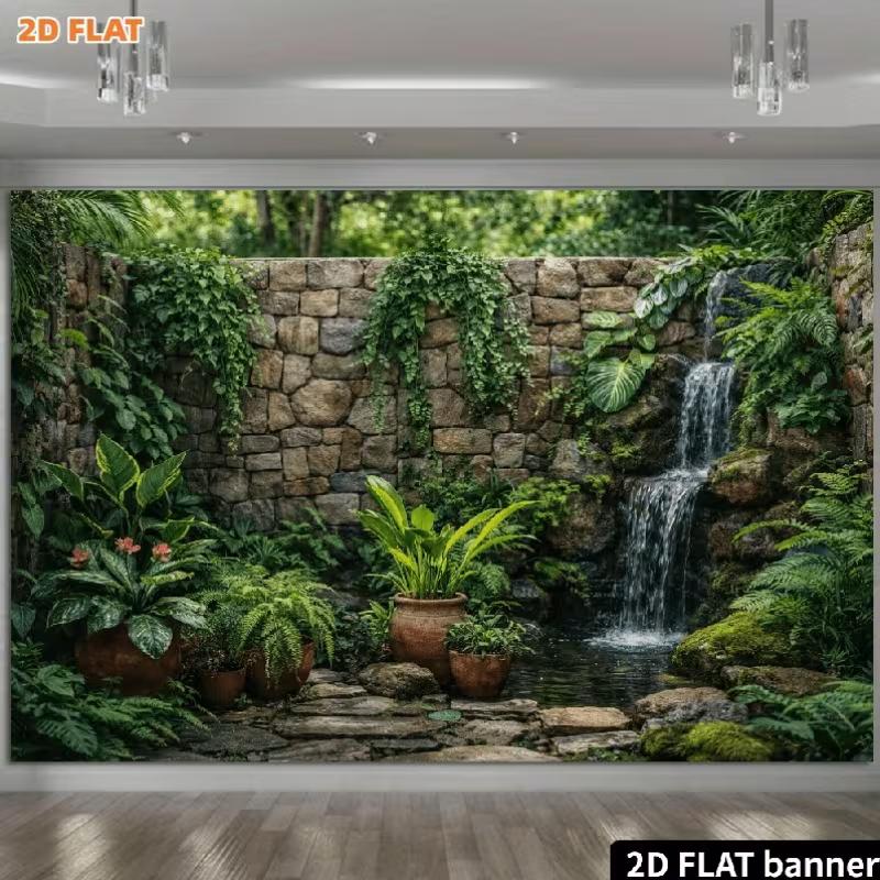 2D Patio Garden Banner with Potted Plants and Ferns Photo Booth Background Cloth