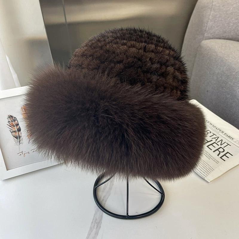 Mink Hair Woven Hat Women's Winter Korean Version Warm Ear Protection Fur Hat with Wide Fox Burr Edge Bucket Hat