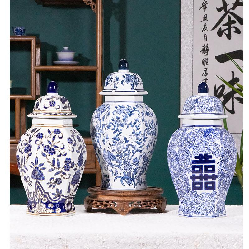 New Chinese Style Ceramic Jar Vase Entrance DecorationTV cabinet Decoration Hexagonal General Jar