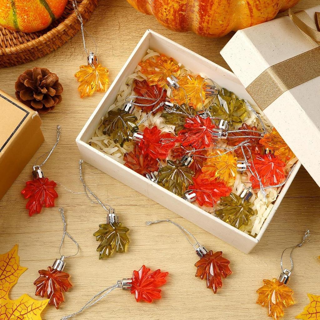JULMELON 24 Pcs Fall Maple Leaf Ornaments, Thanksgiving Maple Leaf Tree Hanging Pendant Acrylic Hanging Ornaments for Autumn Harvest Small Tree Home