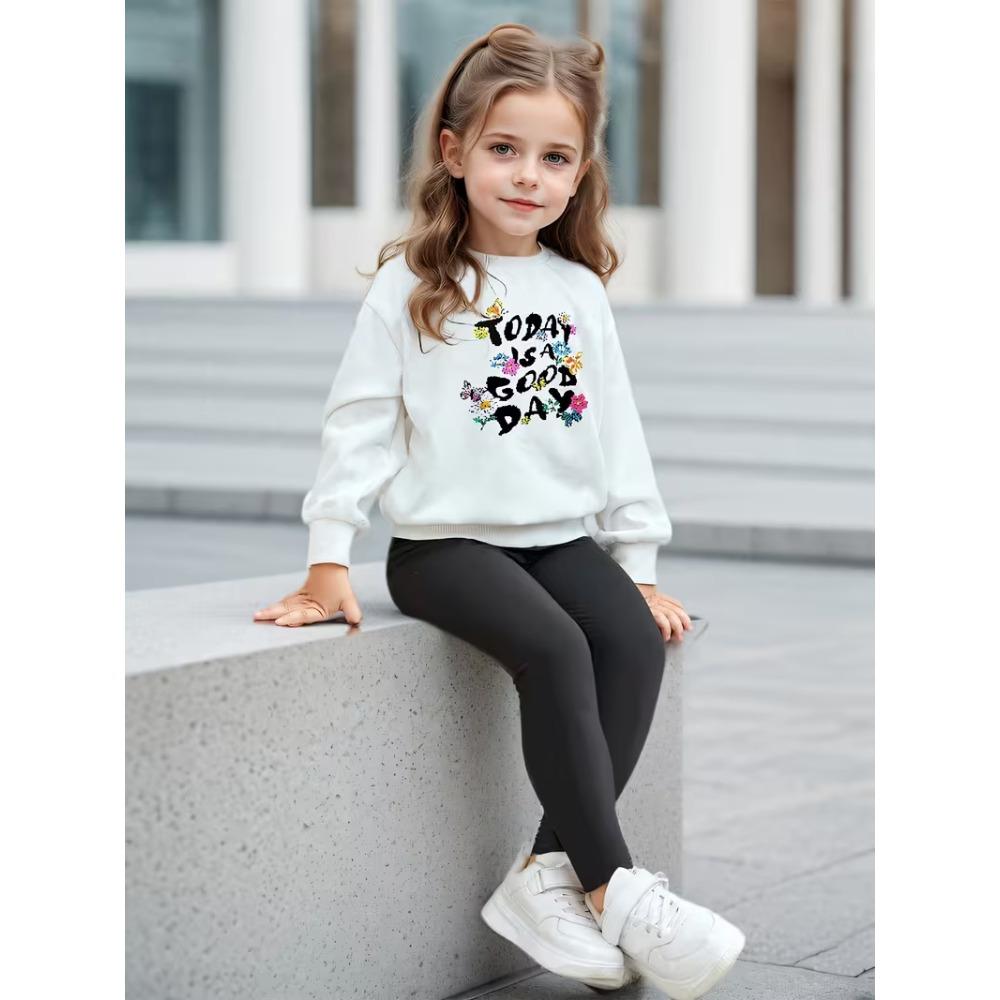 Girls' Letter Graphic Casual Comfortable Soft Loose Pullover Sweatshirt and Leggings 2-Piece Set, New Autumn/Winter, Playful, Sweet and Cool Style