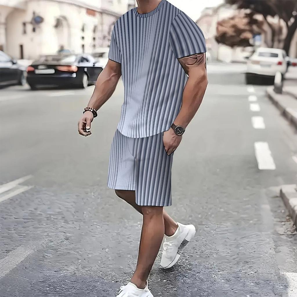 Men Grey White Vertical Thin Stripe Short Sleeve Tee And Matching Shorts Two Piece Suit