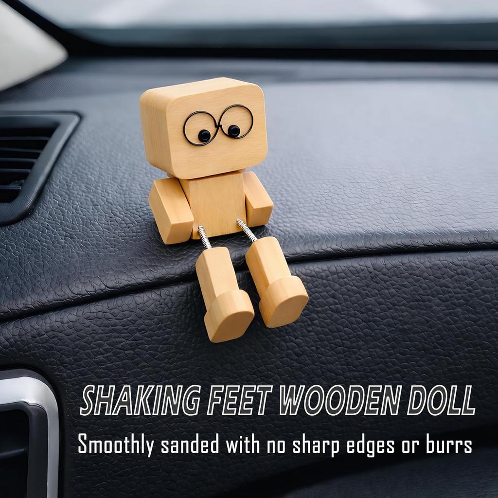 Wackelnde Füße Holzpuppe mit Federbeinen & 12 Stk. Magnetische Ausdrücke, DIY Kreative Ornamente, zur Dekoration des Armaturenbretts