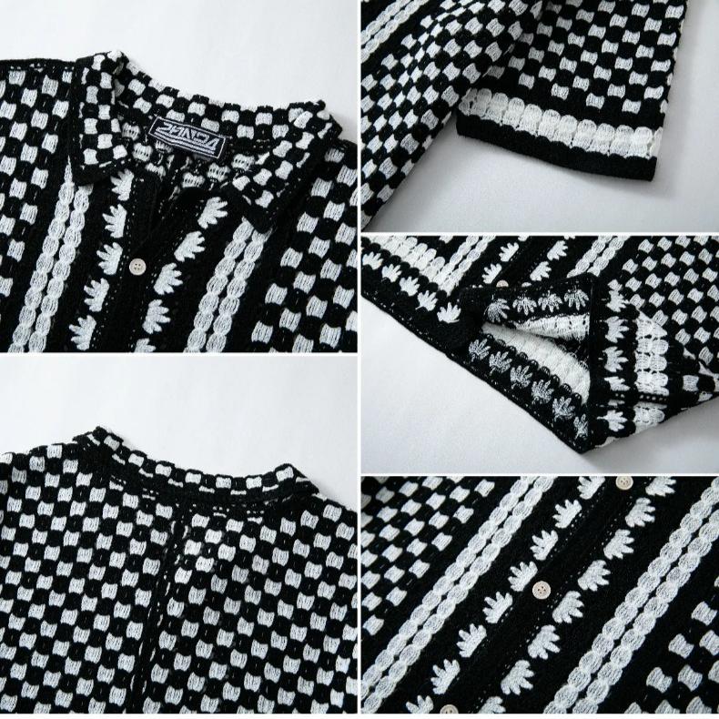 Men's Knitted Crochet Short Sleeve Shirts Casual Button Down Hollow Out Collared Shirt Tops for Men Summer Vacation Vintage Knit Golf Beach Shirts Top