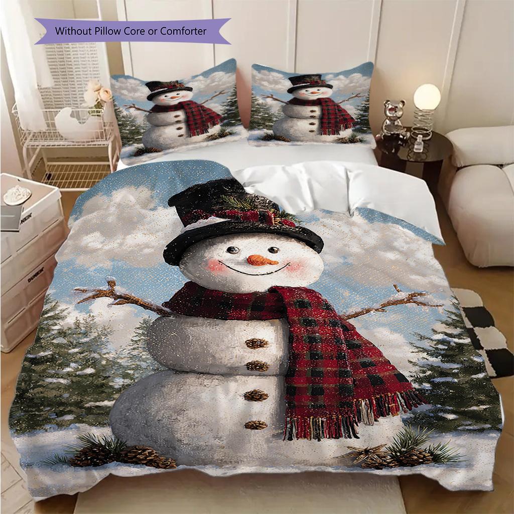 Snowman Pattern Bedding Quilt Set Quilt Cover Pillowcase Home Decoration Birthday Gift (1 * Duvet Cover + 2 * Pillowcase, Without Core)