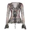 Printed Lotus Leaf Edge Lace-up Mesh Top Retro Light and Thin Niche Slim-fitting Horn Long Sleeve