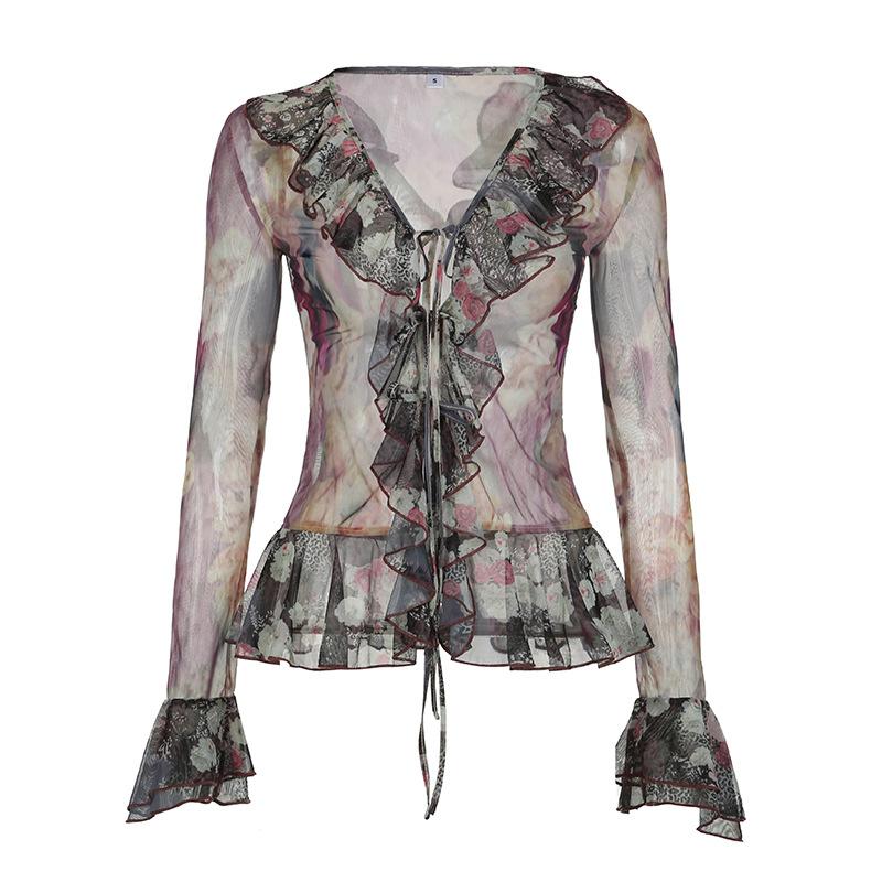 Printed Lotus Leaf Edge Lace-up Mesh Top Retro Light and Thin Niche Slim-fitting Horn Long Sleeve