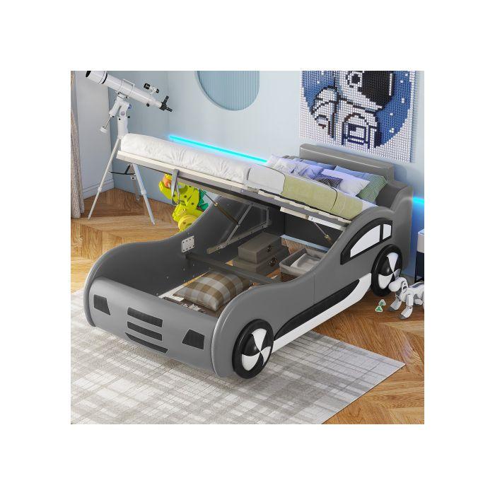Lit enfant - MUVOE - Lit voiture - 90 x 200 cm - Avec rangement - Gris