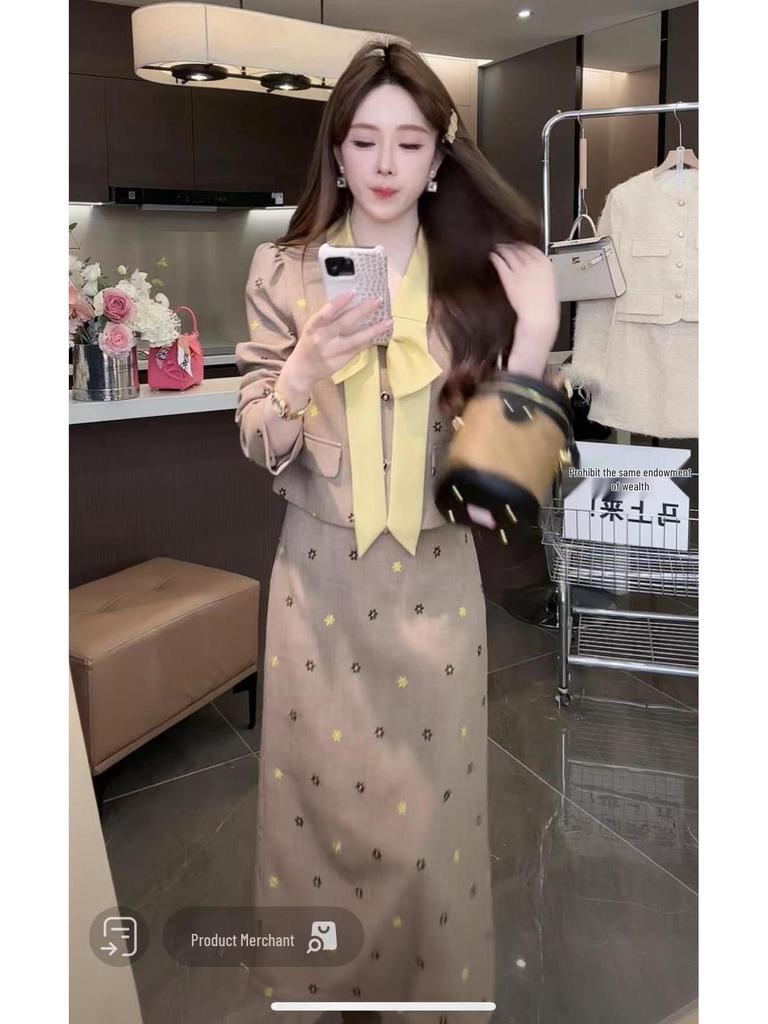 Autumn Chic Two-Piece Set: Elegant Bow Long-Sleeve Top and Midi Skirt