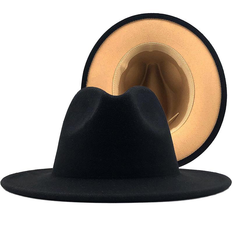 Woolen Top Hat European and American Fashion Black and Camel Color Matching Hat Women's Flat-brimmed Jazz Hat CM