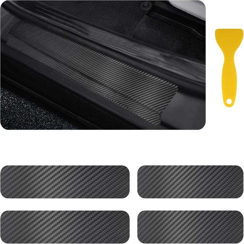 4Pcs Universal Carbon Fiber Leather Car Door Sill Protection Film Diy Paste Waterproof Anti Scratch Strip Car Sticker