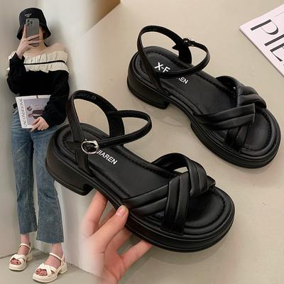 Summer New Sandals Women's Fashion Thick-soled One-word Buckle Cross-toed Versatile Sandals Muffin Casual Women's Shoes