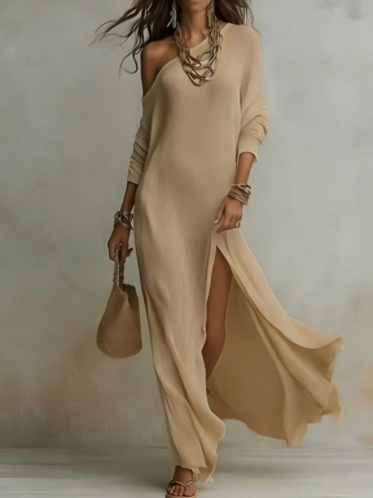 Summer New Elegant Long Sleeve Knit Pleated Ruffle Women's Dress