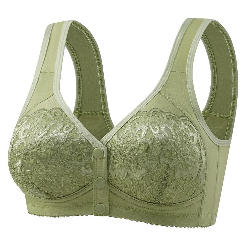Red Front Button Wireless Bra with Lace Overlay and Wide Straps