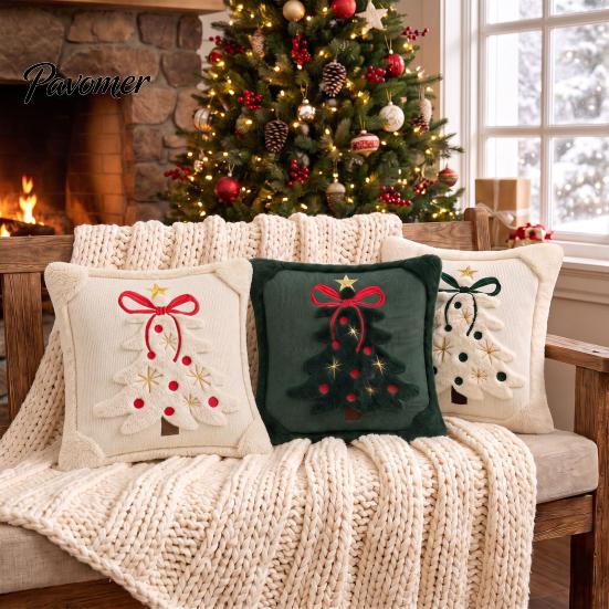 Washable Throw Pillow Covers Christmas Plush Pillowcase, 3D Embroidered Design Soft Decorative Pillows for Couch Cover, Cushion Cover Holiday