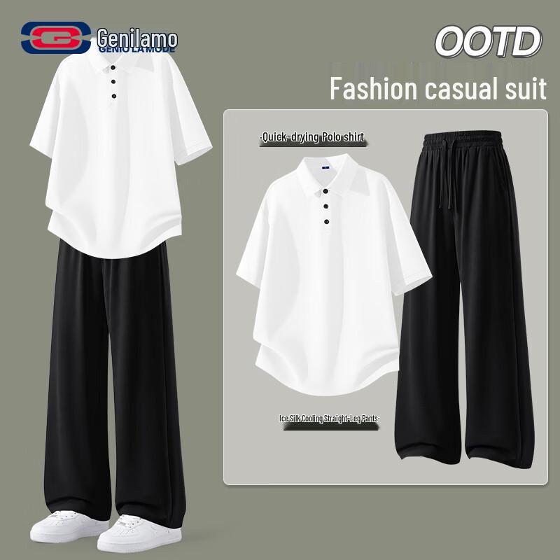 Men s Ice Silk Polo Shirt & Casual Pants Set M