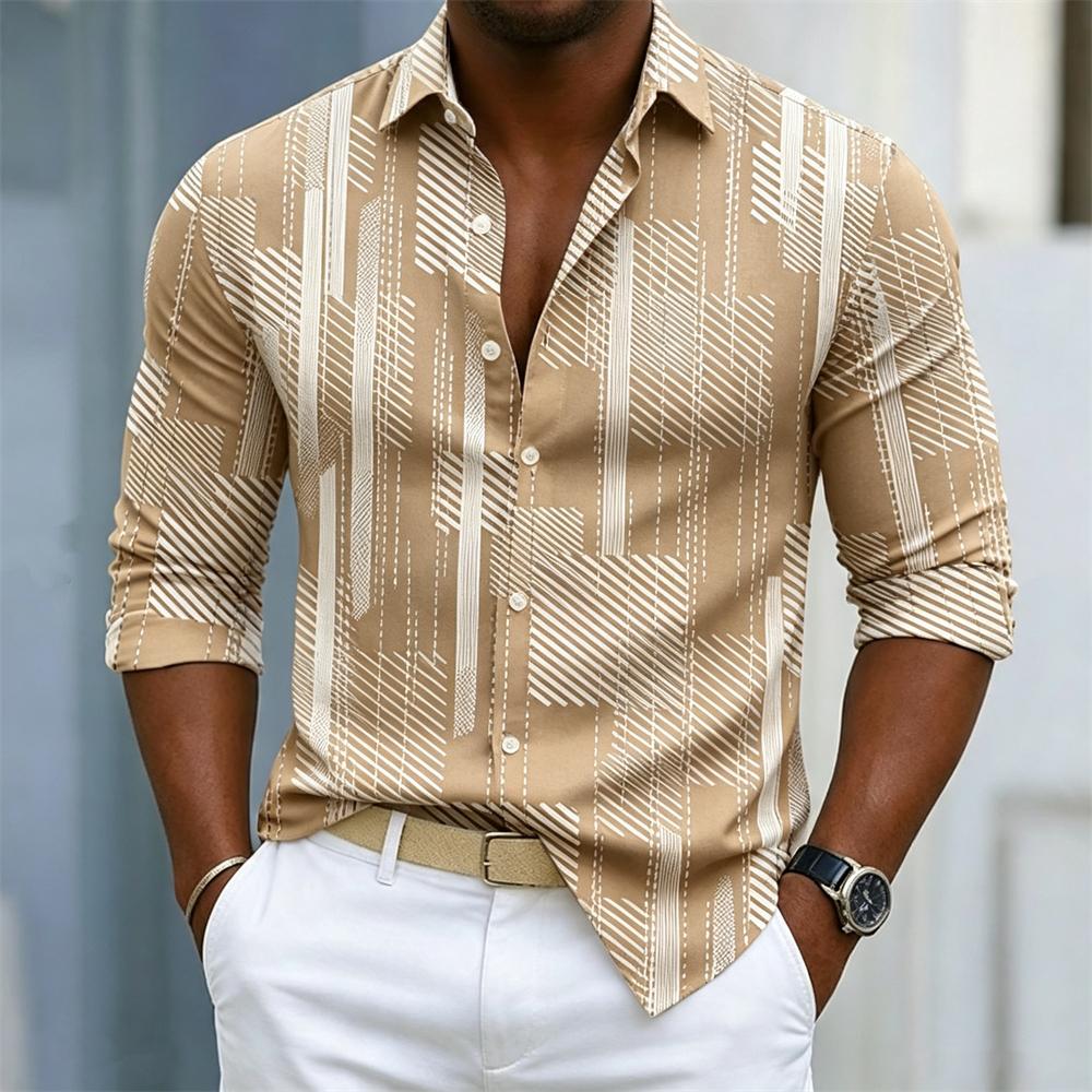 Men's Long Sleeve Shirt Casual Geometric Stripe Print Lapel Collar Daily Vacation Business Fashion Slim Fit Mens Dress Shirts