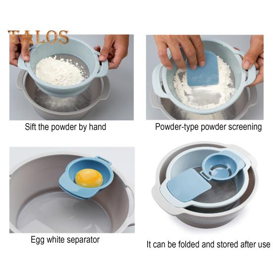 Stackable Flour Sieve Set 4-Piece Multifunctional Kitchen Baking Tools Including Fine Mesh Sifter Egg White Separator & Flour Scraper Portable Pollen