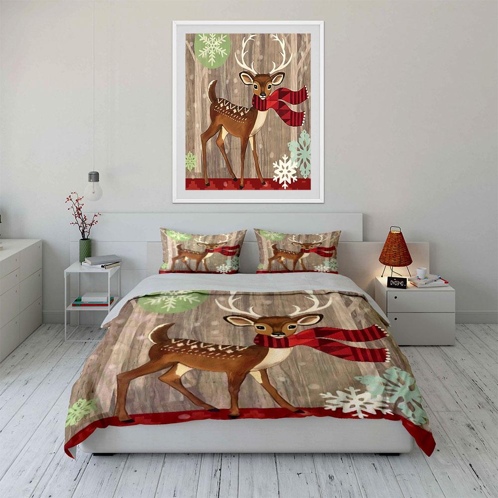 Deer with Red Scarf Winter Decor Bedding Duvet Cover Set Duvet Cover Pillowcases (1*Duvet Cover 2*Pillowcases, without duvet insert)