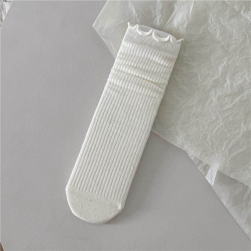 Women's Ribbed White & Gray Lace Trim Socks - Trendy Miu Style