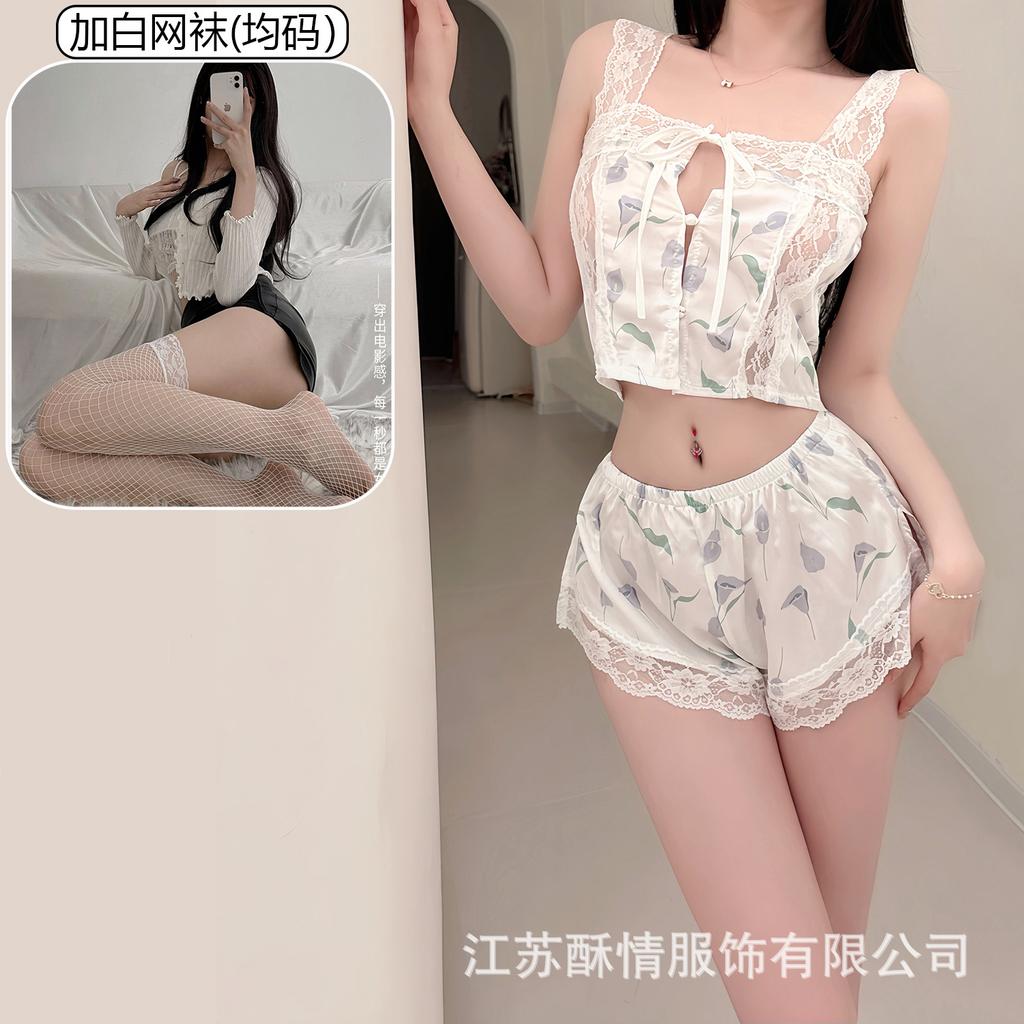Crispy Sexy Sweet and Spicy Women's Summer Ice Silk Thin Pure Desire Suspender Shorts Two-piece Set Lace Temptation Set