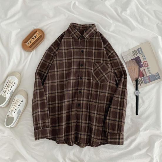Women Shirt Lapel Long Sleeve Plaid Print Shirt Tops with Pockets Single Breasted Loose Fit Shirt Tops Daily Wear