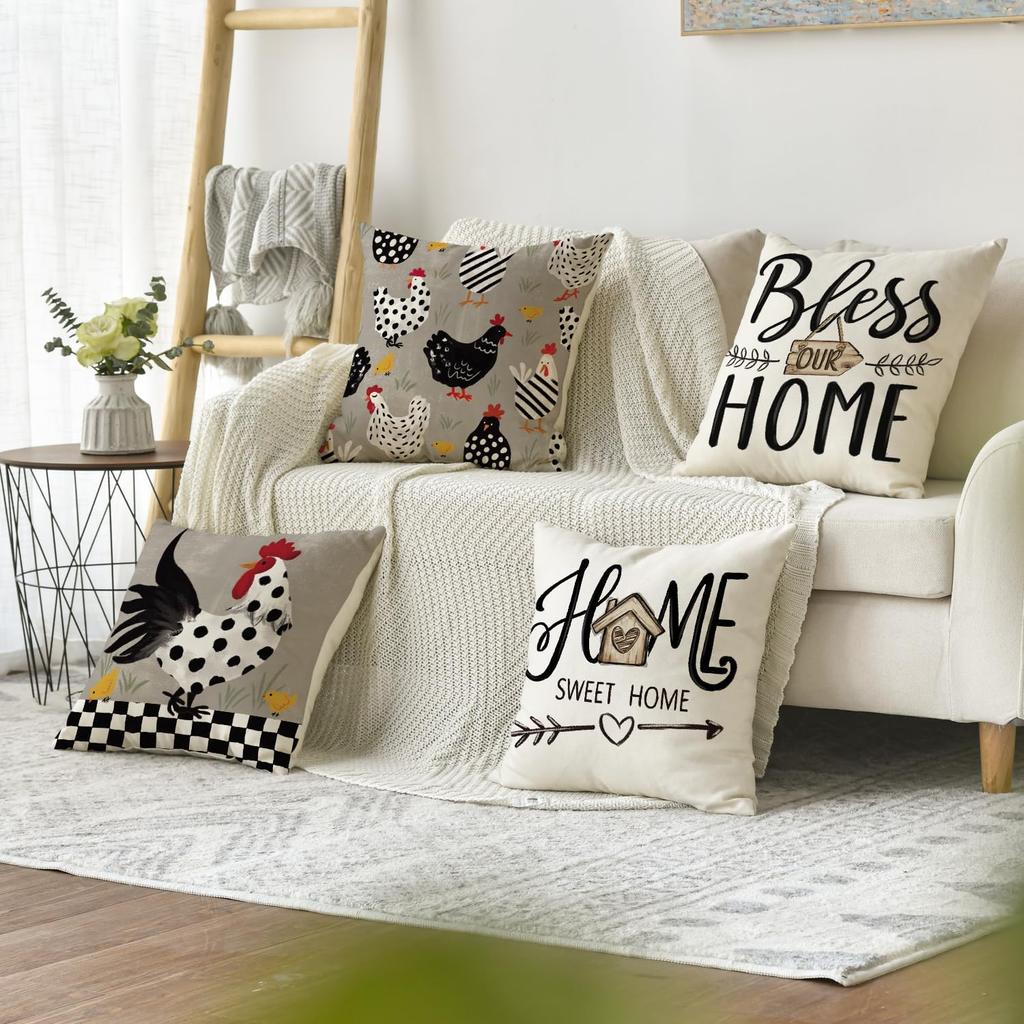 AVOIN colorlife Farmhouse Chicken Home Sweet Home Throw Pillow Covers, 18 x 18 Inch Bless Our Home Seasonal Cushion Case Decoration for Sofa Couch