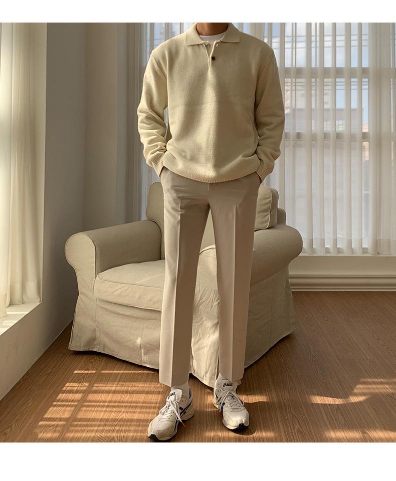 Men's Loose Knit Polo Sweater - Casual Korean Style, Solid Color, Hong Kong-inspired Pullover